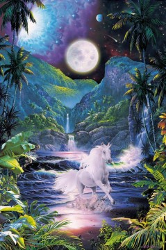  horses Oil Painting - unicorn under moon horses